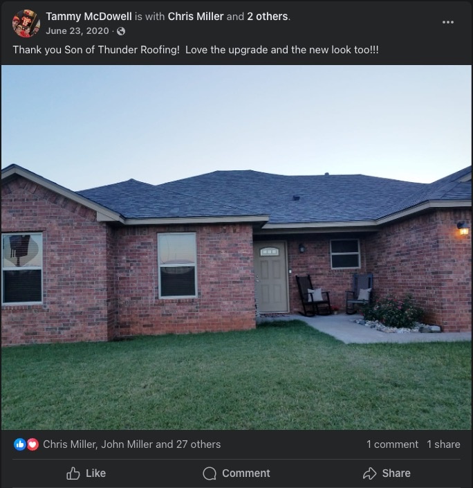 Review from Tammy McDowell stating: 'Thank you Son of Thunder Roofing! Love the upgrade and the new look too!!!'