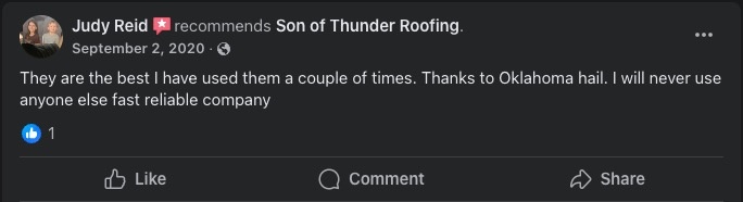 Review from Judy stating: 'They are the best I have used them a couple of times. Thanks to Oklahoma hail. I will never use anyone else fast reliable company'